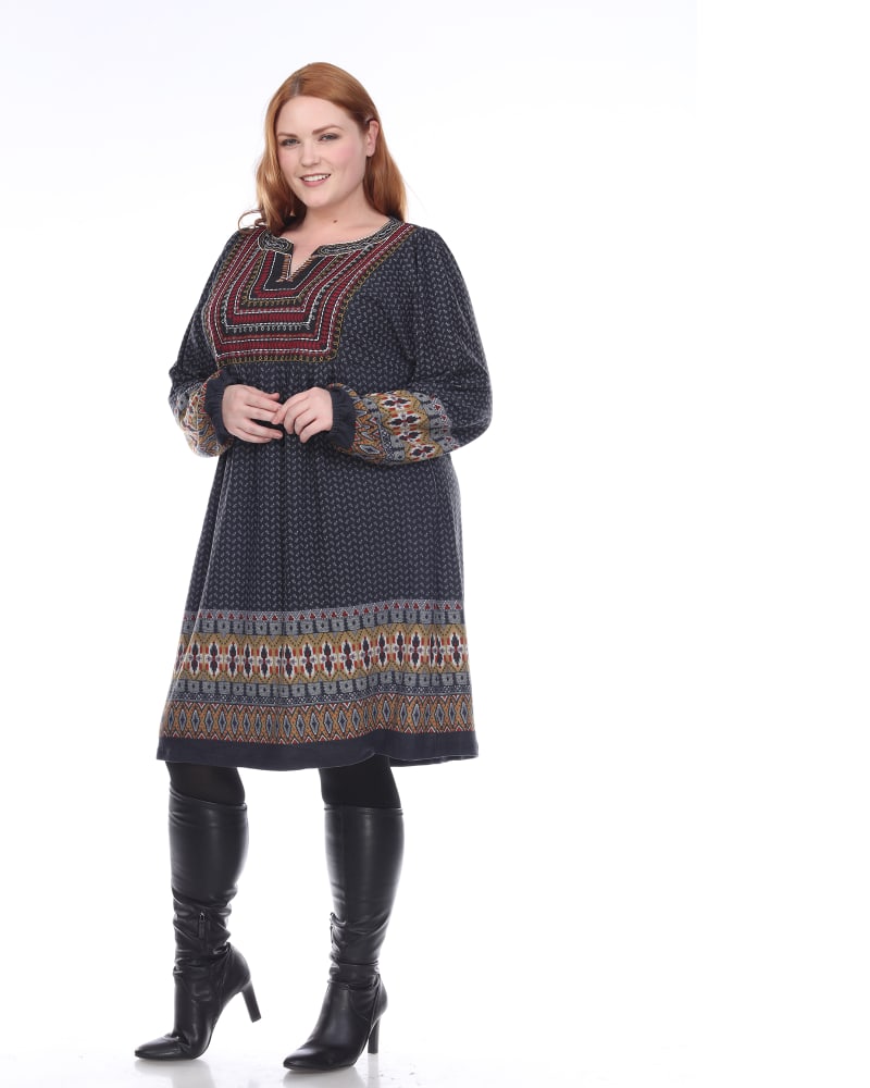 Front of a model wearing a size 2X Atarah Embroidered Sweater Dress in Grey by White Mark. | dia_product_style_image_id:247293